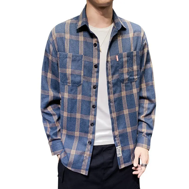 Casual Shirts For Men Men's Plaid Design 2 Pockets Custom Cotton Denim Blue Long Sleeve Casual Shirts For Spring Summer Autumn Wear