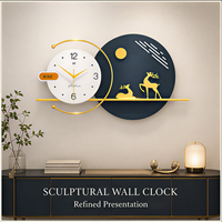 Horloge murale moderne en métal doré, design sculptural cerf, soleil et lune, décorative, pour salon, entrée, bureau, hôtel
