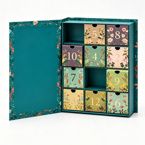 Custom Floral Print Countdown Advent <b>Calendar</b> Box with Drawers Rigid Cardboard Teal Christmas Mystery Packaging for Beauty - Product Image 1