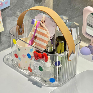 Portable Rectangle <b>Bath</b> Basket With Polka Dots For Toiletries <b>Storage</b> Cream White Transparent - Product Image 3