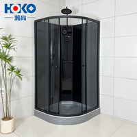 Cabine de douche coulissante moderne HOKO en acrylique gris avec cadre en aluminium noir mat, design salle de bain vapeur