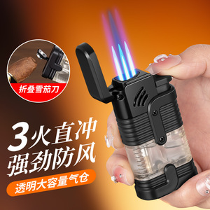 ไฟแช็คแบบเติมได้สามไฟเบากันลมเข้าห้องแก๊สโปร่งใสพร้อมที่ตัดซิการ์ - Product Image 2