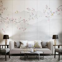 Broderie murale style néo-chinois pour salon, motif floral et oiseaux, idéale pour hôtel, ou personnalisation simple de tête de lit de chambre.