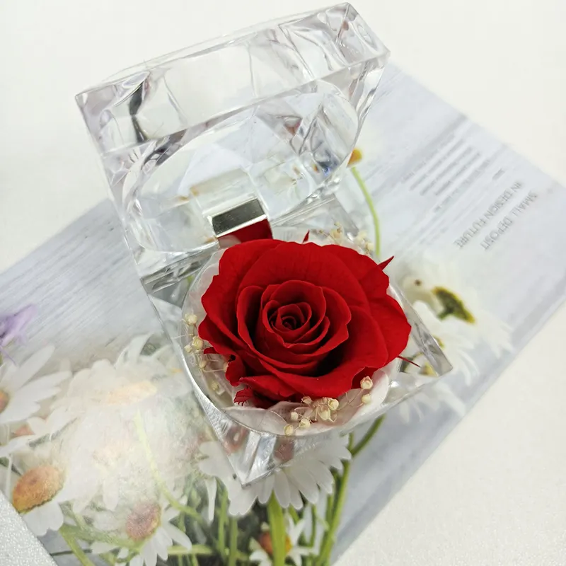 Sum Flora Romantische Verlobung Konservierte Rose Acryl Ring Box Valentinstag Geschenke Konservierte Blumen ring Box für Valentinstag Geschenke