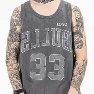 Acid Vintage Wash Color Extra Long Men Work Out Tank Top Thick Heavy Weight Scoop Bottom Turned Hemming Tanks