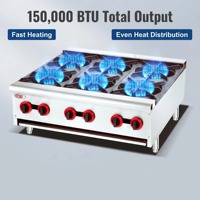 Cuisinière à gaz commerciale 6 brûleurs, plaque de cuisson en fonte, grilles en fonte, acier inoxydable pour cuisine de restaurant