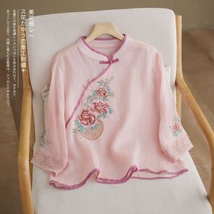 Traditional Chinese Women's Embroidered Cotton Linen Tea Robe Red Mid Sleeve Stand Collar Shirt With Floral Design - Product Image 3