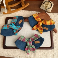 Bavoir pour animaux de compagnie (chats et chiens) - Serviettes absorbantes pour chiens et chats avec accessoire tablier à nouer en jean à carreaux pour la décoration photo