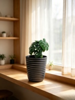 Grand pot en plastique texturé bicolore, pot cylindrique noir, finition sculptée à la main, décoration moderne, pot à fleurs pour plantes d'intérieur