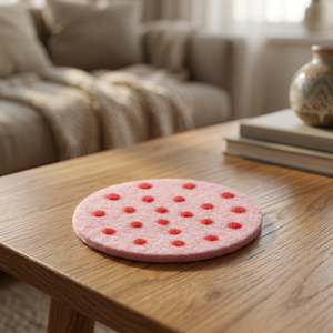 Sous-verre en feutre fait main de qualité supérieure, en laine de Népal, motif pois rouges et corps rose, écologique, motif étoile, adapté aux animaux domestiques, lavable - Product Image 3