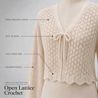 Cardigan court personnalisé OEM ODM pour femme, pull en maille ouverte au crochet, col en V, manches longues, à nouer devant, ourlet festonné, tricot pour femme