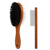 Ensemble de 2 brosses et peignes de toilettage pour animaux de compagnie, poils de sanglier, manche en bois d'ébène, pour chiens et chats, élimination des poils morts, massage, outil de soin