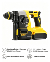 Marteau perforateur rotatif sans fil avec mandrin SDS Plus, poignée latérale, batterie et chargeur pour le perçage du béton, le cisaillage et la maçonnerie