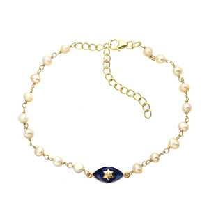 Pulsera de Rosario con Dijes de Estrella y Perla de Plata de Ley 925, con Esmalte Azul y Circonita, Chapada en Oro - Product Image 1