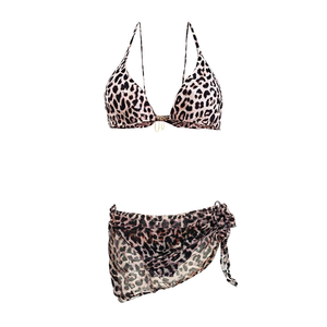 Costume da bagno bikini leopardato HDJ taglie forti da donna, due pezzi con allacciatura incrociata e laccetti laterali, in spandex e poliestere - Product Image 1