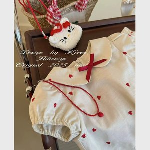 Girls Embroidered Heart Two Piece Set Cotton Dress With Peter Pan Collar Summer Outfit For Kids - Product Image 4