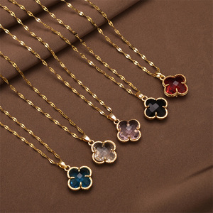 Vòng cổ cỏ bốn lá pha lê đen bán chạy nhất trực tiếp có thiết kế cao cấp dành cho phụ nữ và titan thích hợp - Product Image 1