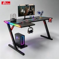 Bureau de jeu en forme de L noir et blanc avec éclairage LED RGB motorisé, structure en acier, table d'ordinateur d'angle pour studio de jeu