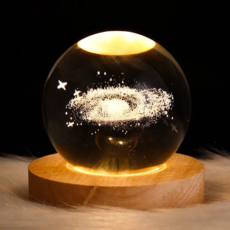 factory Solar System Planet Sphere Laser 3D Small Night Light Crystal Ball with Wood Base LED Light Night Lamp