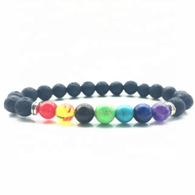 8mm Colorful Beads Bracelet Hot Selling Bracelet Silver Color Metal 8mm Natural Stone 7 Chakra Lava Rock Bead Bracelet