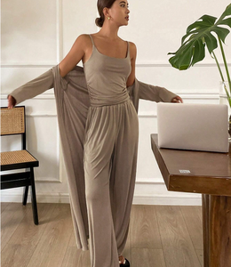 Ensemble 3 Pièces Minimaliste : <span class=keywords><strong>Robe</strong></span> Caraco, Cardigan et Pantalon <span class=keywords><strong>de</strong></span> Pyjama – Tenue d'Intérieur Personnalisée en Maille Côtelée pour <span class=keywords><strong>Femme</strong></span> - Product Image 6