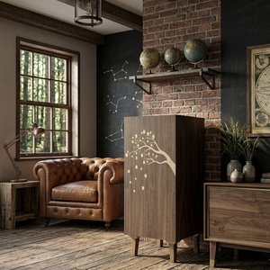 Armario de madera de estilo moderno de mediados de siglo con intrincados detalles de incrustaciones con motivos de árboles y tallados florales en madera escandinava maciza. - Product Image 2