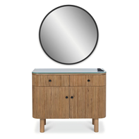 Station de coiffure en bois avec miroir mural rond, meuble de barbier avec dessus en verre, tiroirs et armoire de rangement, mobilier de salon