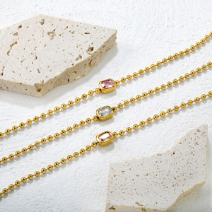 Fine <b>Beaded</b> <b>Necklace</b> Gold Ball Chain Rectangular Zircon Pendant Women's Everyday Wear Jewelry - Product Image 1
