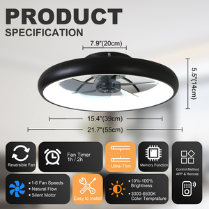 21.7" Sleek Black Ultra-Thin <b>Ceiling</b> <b>Fan</b> with Light 6-Speed Reversible Fandelier Silent Motor Farmhouse Modern Decor for Bedroom - Product Image 6