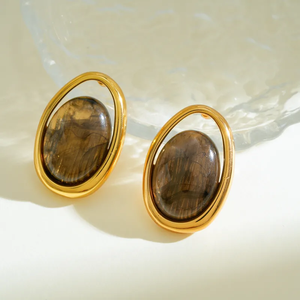 Boucles d'oreilles ovales en résine plaquées or 18 carats en acier inoxydable 304 Style décontracté simple pour femmes Port quotidien Bijoux et accessoires tendance - Product Image 3