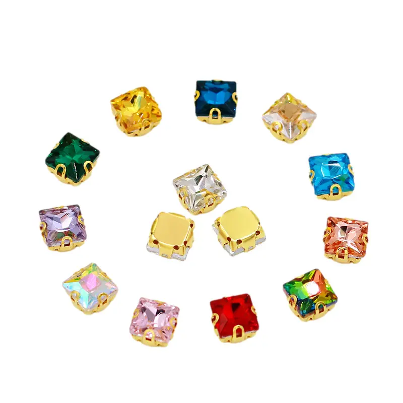 Diamantes de imitación cuadrados y coloridos para coser en la ropa, fijación de metal y vidrio, con garras, accesorios para ropa, venta al por mayor