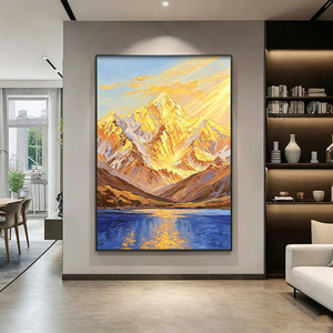 Hand Painted Textured Oil Painting Golden Mountain Reflecting Water Rectangle Black <b>Frame</b> Modern Minimalist Living Room Wall Art - Product Image 1