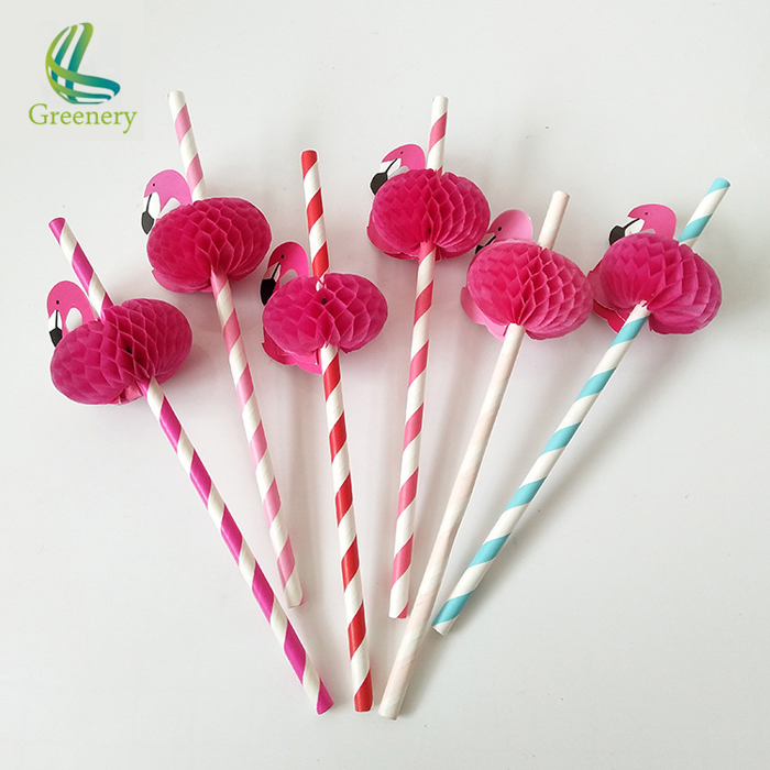 Tropical Luau Hawaiian Pool Summer pink Strip Paper Drinking Straw with Flamingo