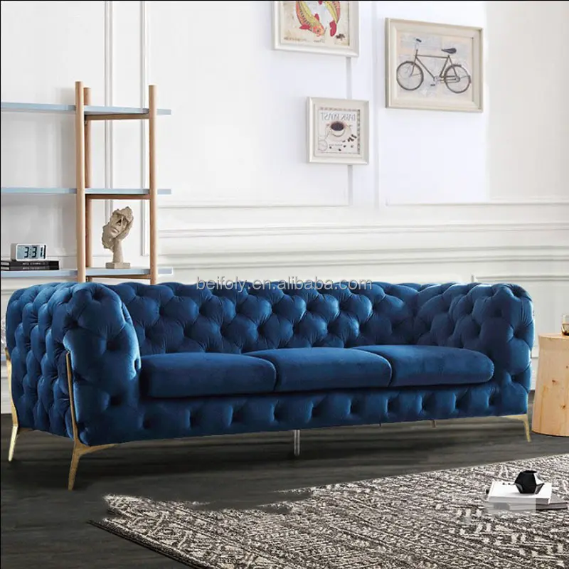 One Stop Oplossing Fluwelen Sofa Chesterfield Lounge Sofa Set Met Diamanten Knop In Woonkamer Meubels