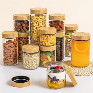Bocal en verre vide de 300ml 480ml 750ml avec bouchon à vis en bambou 16oz pour salade yaourt stockage collations épices fruits secs - Product Image 1