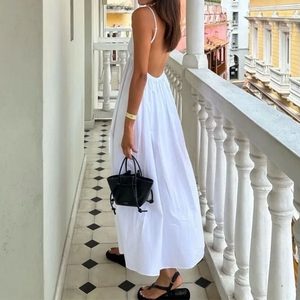Nuovo Abito Lungo da <span class=keywords><strong>Donna</strong></span> 2026 con Spalline Sottili, Scollo a V Profondo, Bianco con Arricciature, Elegante e Casual - Product Image 1