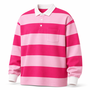 Camiseta Polo de Rugby de Manga Larga para Hombre, Talla Grande, con Rayas Horizontales Intensas, Color Rosa, Algodón, Estilo Casual Urbano, OEM Personalizado - Product Image 1