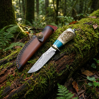 Couteau tactique à lame fixe en acier Damas personnalisé, couteau droit pour le camping, la chasse et la survie en plein air, avec étui en cuir F0105