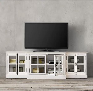 Meuble TV en chêne massif vieilli de style vintage américain, console multimédia avec porte vitrée de style campagne française, long meuble de rangement en bois pour salon - Product Image 2