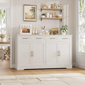 Buffet de 60 pouces avec rangement, armoire de cuisine de 36 pouces de hauteur avec 4 tiroirs, meuble bar à café avec poignées dorées, blanc - Product Image 5