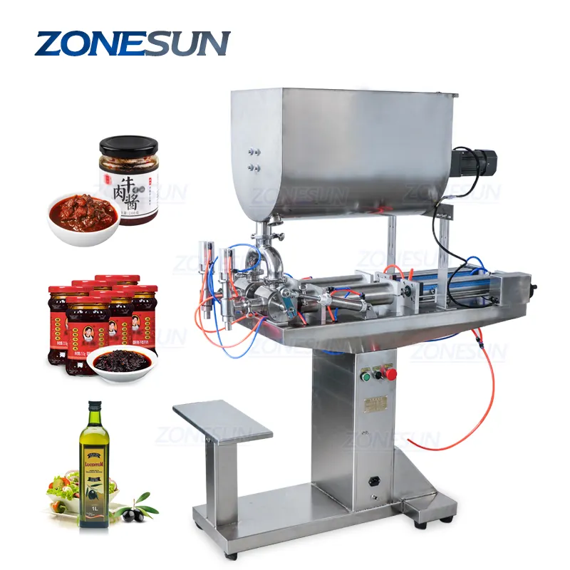 ZONESUN-lata semiautomática para pasta de salsa, botella pequeña de aceite, miel, tipo U, mezcla, maquinaria de llenado de doble cabezal