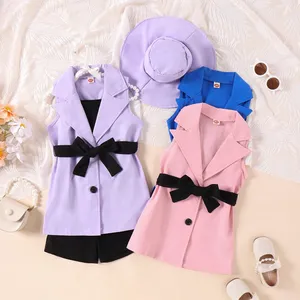 2023 Fashion Children Summer Outfits 4-7Y Solid Sleeveless Vest Shorts+Belt Jacket+Sun Hats 4pcs Girls Clothing Sets
