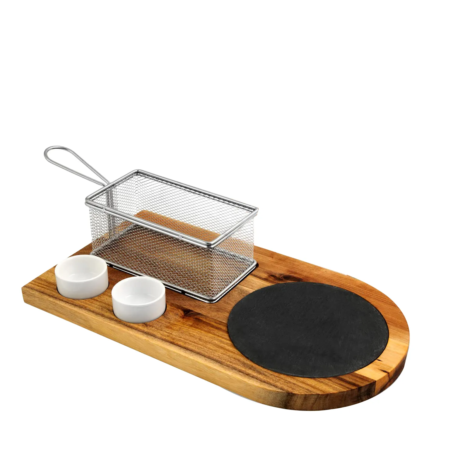 Wood Glory Burger Serving Set Includes Acacia Board With Slate Stainless Steel Fry Basket and Porcelain Condiment Cups