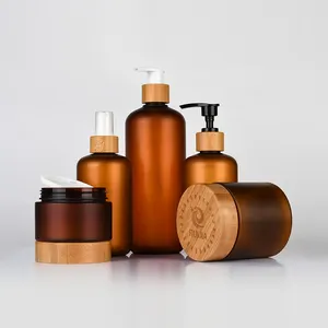 Embalagem 120ml 250ml 500ml âmbar pet plástico loção do corpo shampoo e condicionador garrafas com tampa de bambu