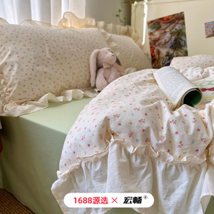 Korean Style All Cotton Twill Lace <b>Bedding</b> <b>Set</b> Floral Print Princess Soft Skin Friendly Breathable Four Seasons Duvet Cover <b>Set</b> - Product Image 3