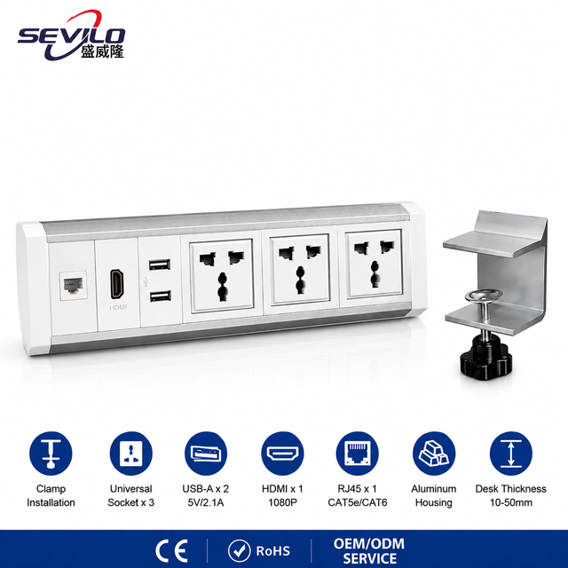 Triangle Removable Clamp Self Grounding Extension Socket for Office Conference Table Mount Desk Edge