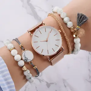 Fashionple Ladies Watch Set Trend Alloywomenl Band Watch Whogoldle Relogio with Bracelet Two-piece 2020 Glass Women Leather 20cm