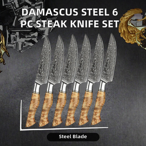 Juego de 6 cuchillos para carne de acero de Damasco y acero al carbono de alta gama, ecológicos, con mango de madera de sicomoro figurado, para restaurantes y hogares - Product Image 2