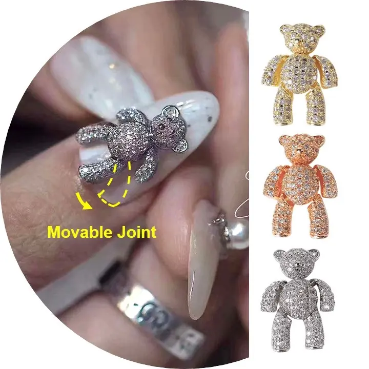 Wholesale 3D Cute Nail Art Decoration DIY movable Bear Nail Charms Gem Teddy Bear nail Rhinestones