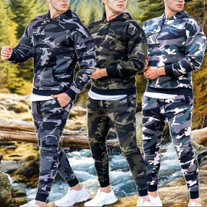 Conjunto Deportivo de Dos Piezas con Camuflaje para Hombre, Traje Deportivo para Otoño, Fitness al Aire Libre, Sudadera con Capucha Personalizada, Verde, Poliéster/Algodón - Product Image 2